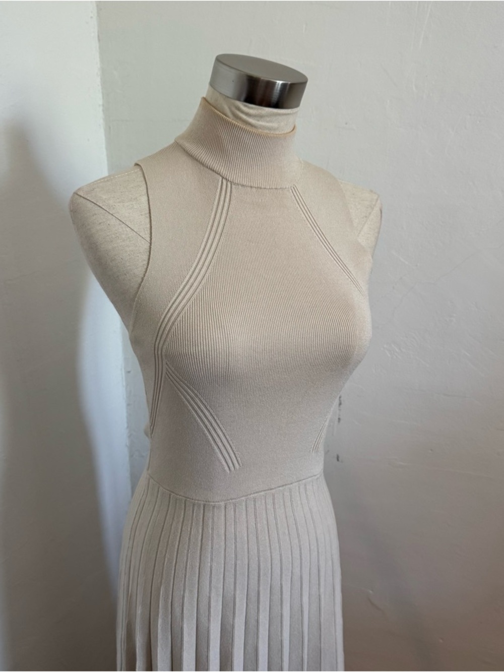 Express Cream Sleeveless Midi Knit Dress with Pleated Skirt